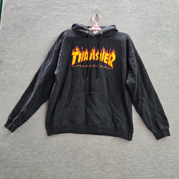 Thrasher Men Sweatshirt Medium Black Hoodie Logo Graphic Drawstring Pullover - Picture 1 of 10